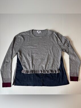 YAL New York Layered Sweater Blouse Gray Navy Ruffle Preppy Academia Large
